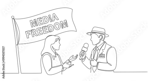 Journalist interviewing woman with media freedom flag.