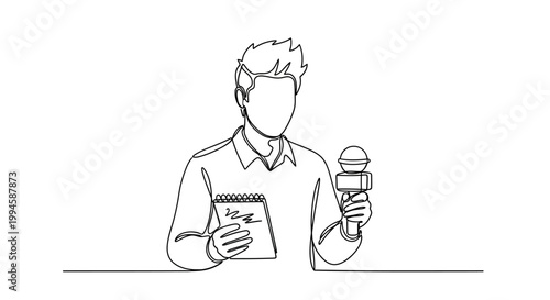 Man holding microphone and notebook.