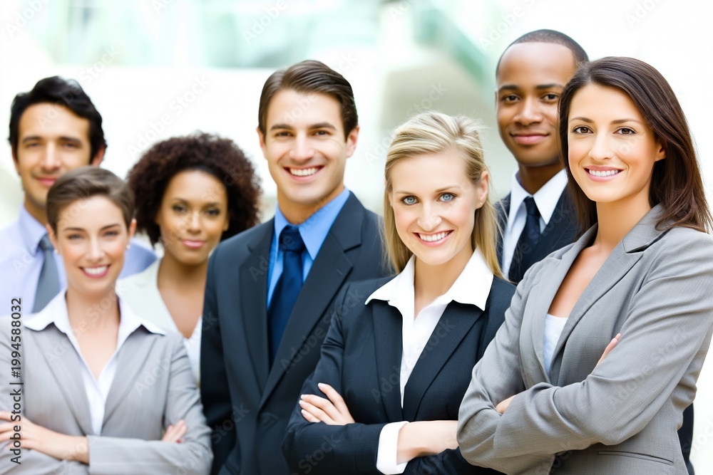 Obraz premium Business professionals standing together smiling representing teamwork success leadership and strong corporate workplace unity