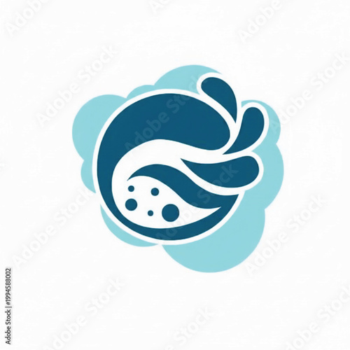Dolphin logo icon with blue wave shapes and playful bubbles in a clean vector-style emblem featuring marine, ocean, sea with swimmer and cute animal