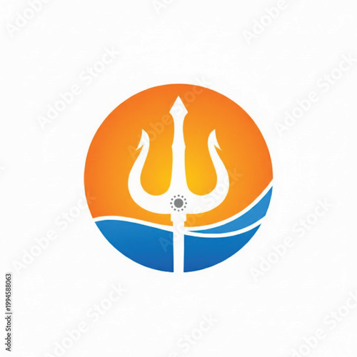 Flame water drop logo for eco energy concept, orange fire symbol with blue waves and central cross stem