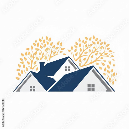 House home icon with blue roofs and golden leaf tree canopy, representing sustainable living and handcrafted eco design