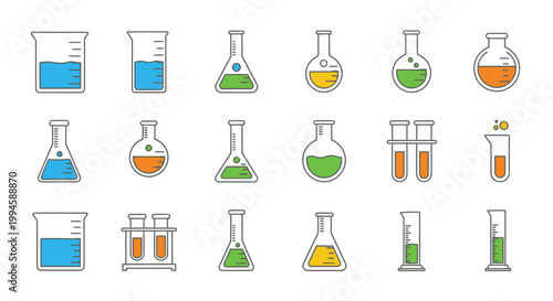 Illustration of various laboratory glassware filled with colorful liquids on white background