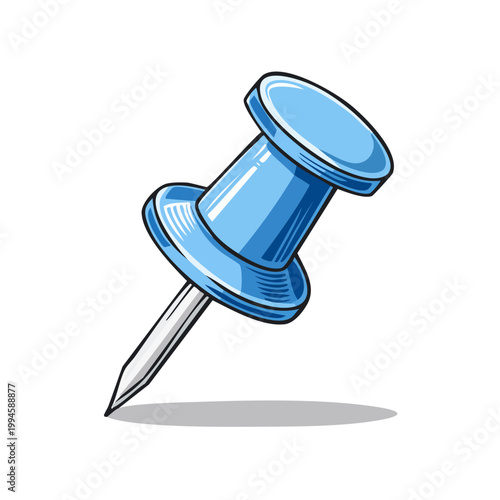 Single Blue Thumbtack Pushing Downward with Sharp Metal Point and Round Head