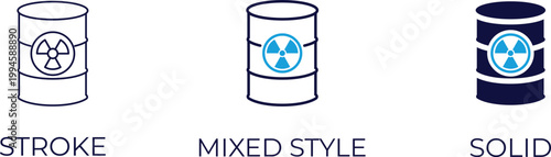 Nuclear waste icon set. Radioactive hazard symbol, toxic waste disposal, environmental safety, industrial danger, and atomic energy warning signs.