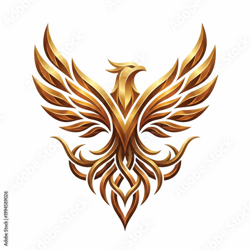 Eagle crest tattoo emblem with golden brown wings and phoenix-like flames, isolated on clean white background