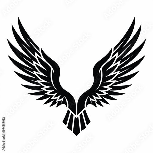 Wings eagle logo icon with bold black feathers and ribbon tail emblem for tattoo and apparel branding