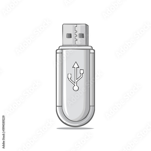 Vector illustration of a white USB flash drive with symbol for data storage and transfer