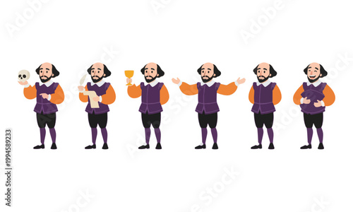 William Shakespeare Cartoon Character Poses with Skull and Quill