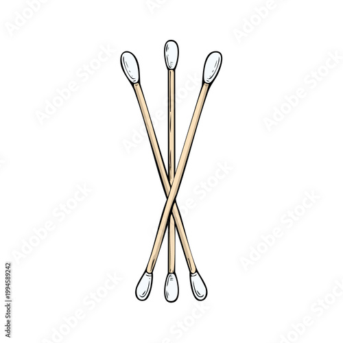 Three cotton swabs crossed together with white tips and wooden handles isolated on a white background