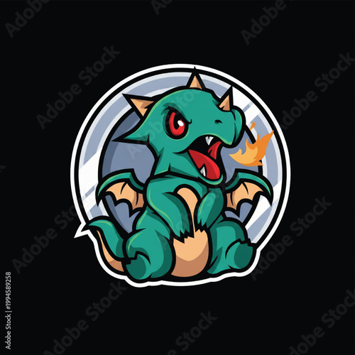 Dragon cartoon mascot sticker with cute baby creature, wings, horns, and fiery breath in bold gaming emblem style