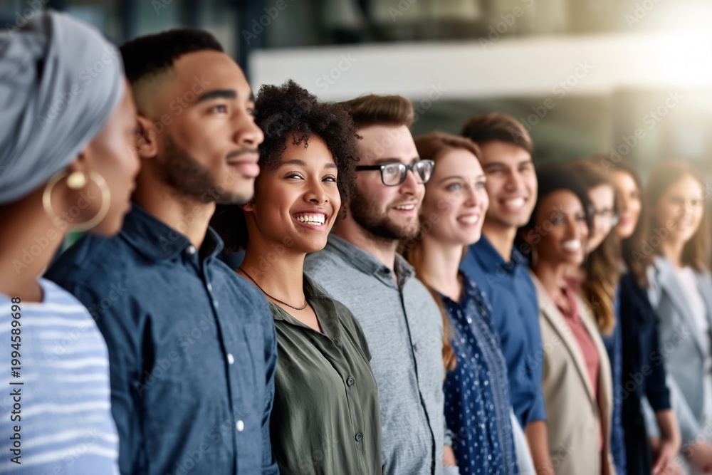 Fototapeta premium Diverse group of people smiling in row representing unity happiness teamwork and inclusive social community environment
