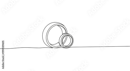 Minimalist continuous line art drawing of two wedding rings, symbolizing love and commitment in a simple, elegant design