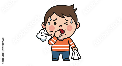 Sick Boy Coughing and Sneezing with Tissue and Sweating