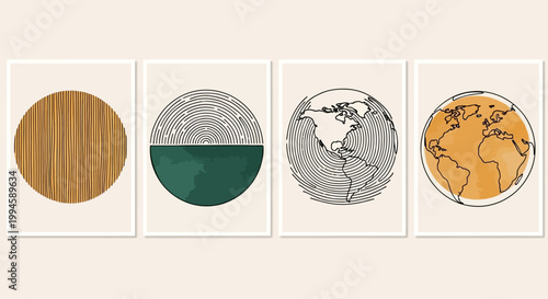Set of four abstract circular illustrations featuring wood grain, geometric shapes, and planetary imagery in a modern aesthetic