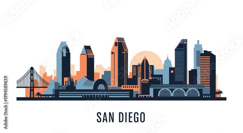 Принти на полотні San Diego Skyline Silhouette Flat Design - California Cityscape Vector Art