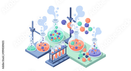 Illustrated chemical laboratory with beakers, tubes, and molecular structures in isometric