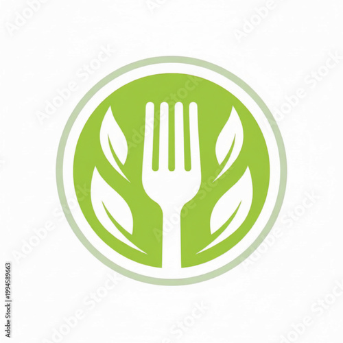 Fork and green leaf emblem icon with white flame-like leaves and circular border for eco friendly dining branding