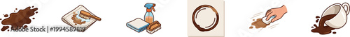 Set of coffee stain and housework vector icons.