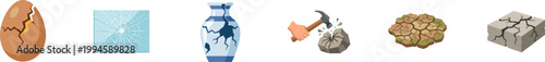Set of broken and cracked object vector icons.