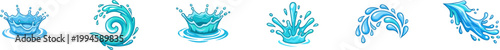 Set of blue water splash, wave, and spray vector icons.
