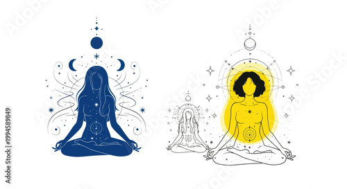 Cosmic Yoga Meditation: Women in Lotus Pose with Celestial Elements