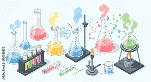 Illustration of Scientific Laboratory Equipment Depicting Chemistry and Experimentation