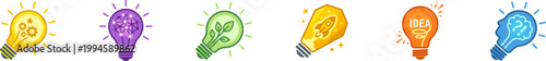 Set of six stylized lightbulb icons, each depicting different concepts related to creativity, innovation, and thought.