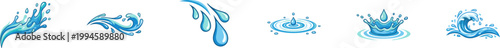 Set of blue water splash, wave, and droplet vector icons.
