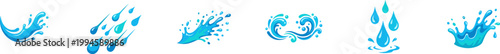 Set of blue water splash and droplet vector icons.