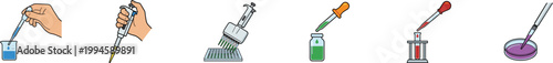 Set of laboratory pipette and liquid transfer vector icons.
