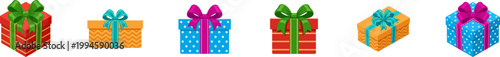 Set of six colorful gift box icons in varying designs and perspectives.