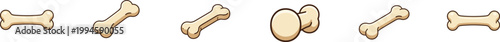A set of six cartoon-style bone icons, likely intended for pet-themed games or graphics.