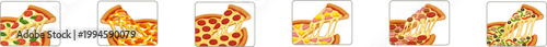 Set of pizza slice icons with melting cheese stretch.