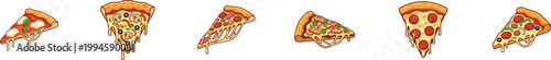 Set of pizza slice vector icons with melting cheese.