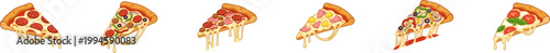 Set of assorted pizza slice icons with melting cheese.