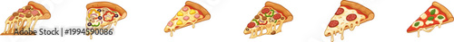 Set of assorted pizza slice icons with melting cheese.