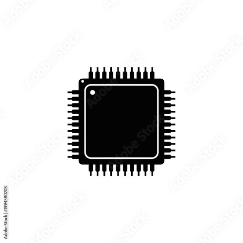 Monochrome Image of a Microchip with Pins on a White Background.