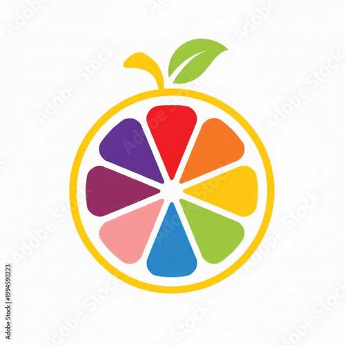 Orange slice emblem icon with colorful segments and green leaf, handmade style drawing for healthy fruit branding