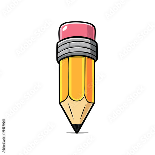 Bright yellow wooden pencil with pink eraser and sharpened graphite tip isolated