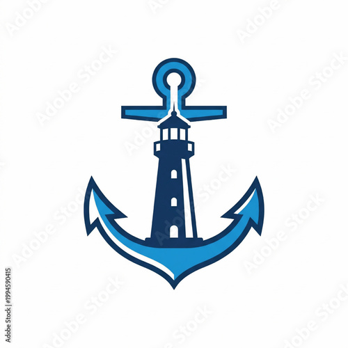 Anchor symbol with lighthouse top and keyhole center, nautical blue logo for marine shipping and navigation