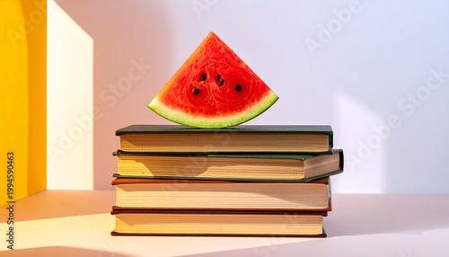A vibrant triangular slice of watermelon with black seeds balances perfectly on top of a neat stack of four hardback books in a bright, sun-drenched room. Ai