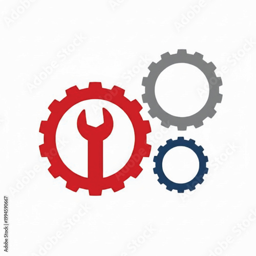 Gear settings icon set with red wrench symbol, gray cog, and blue small gear on white background featuring cogwheel, configuration, maintenance with