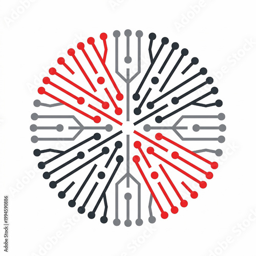Circuit brain icon with red and gray radial nodes and black pathways, handmade decorative technology logo design