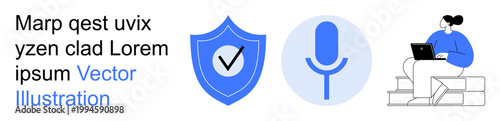 Cybersecurity, audio recording, safe communication, remote work, digital authentication, online identity. Blue shield with checkmark, microphone person working on laptop. Cybersecurity and audio