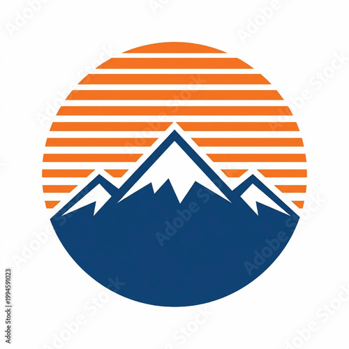 Mountain landscape logo with orange sun stripes, dark blue peaks, and arrowlike accents for handmade artwork