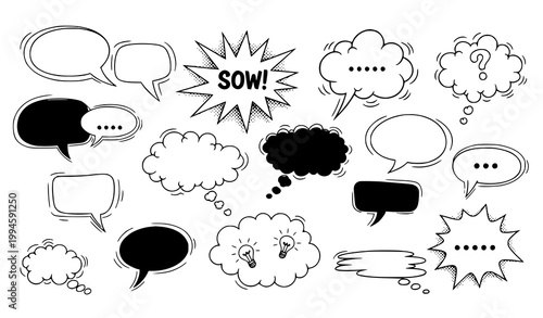 Hand drawn comic speech bubbles vector set thought clouds illustration