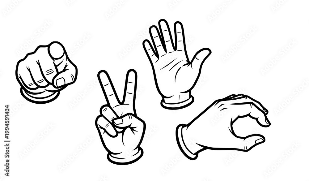 Fototapeta premium Cartoon hand gesture vector set white glove pointing waving peace sign
