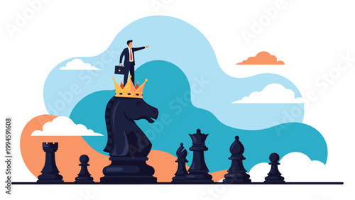 Successful business leader standing on a crowned chess knight and looking ahead to plan his next strategic move.