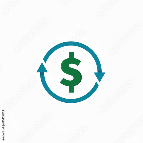 Dollar symbol with teal circular arrows showing business exchange and financial currency flow in modern flat design